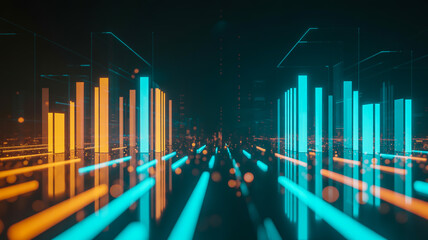 A digital cityscape visualization with a futuristic, cyberpunk aesthetic.