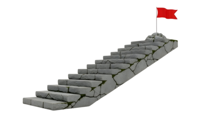 Stone Staircase Leading Up to a Red Flag on a Summit Symbolizing Achievement and Goal Attainment