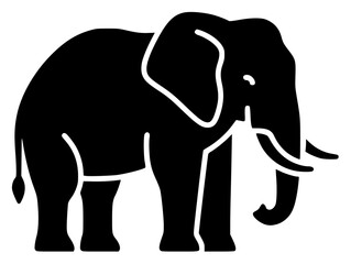 A black and white silhouette of an elephant with tusks, animal, black, elephant, icon, illustration, profile, stand, tusk, against transparent background
