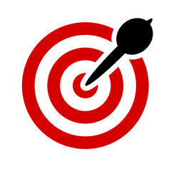 Red White and Black Circles Round Geometric Dart and Dartboard Arrow Aiming Target Bullseye Hit Accuracy or Accurate or Excellent Idea Opinion Misson Accomplished Symbol Sign Icon. Vector Image.