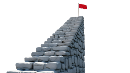 Stone Staircase Leading to a Red Flag at the Summit, Symbolizing Achievement and Success