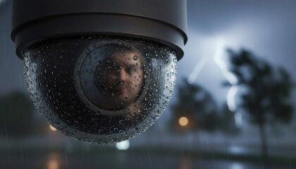 Rainy Night Surveillance Camera Captures Person Reflection During Storm