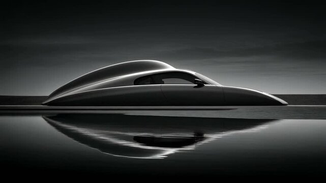 Futuristic Architecture Mirrored in Calm Waters Under a Dramatic Sky Creating a Serene Black and