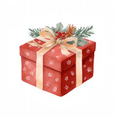 Red box with a gold ribbon and a bunch of berries on top