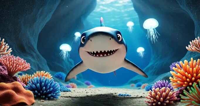 Playful cartoon shark swimming through a vibrant underwater coral reef with jellyfish