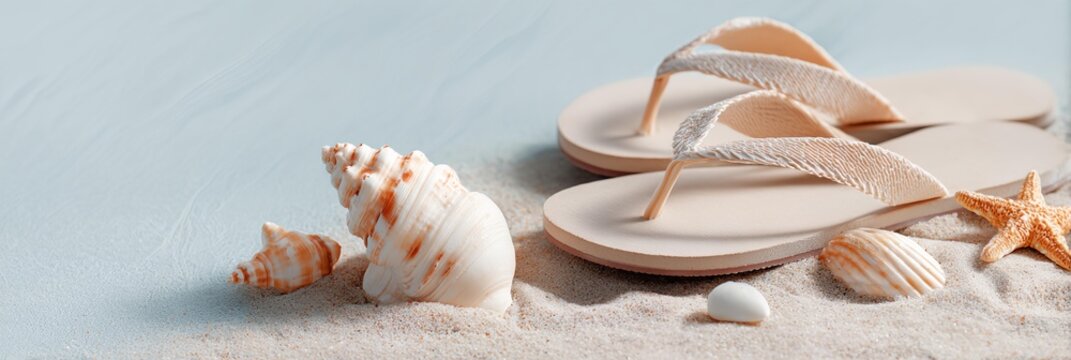 Pair of flip flops and a shell on the beach - Powered by Adobe