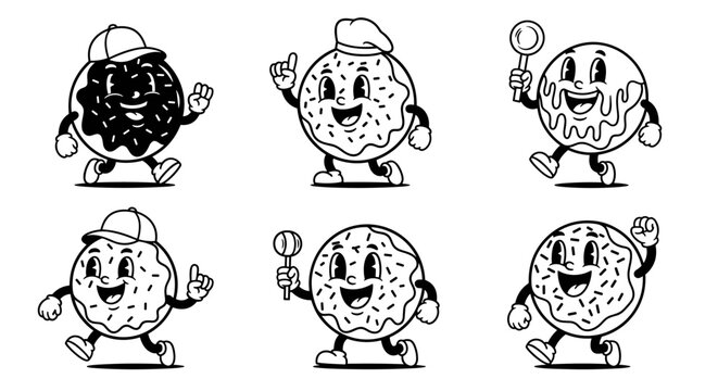 Retro Cartoon Donut Characters Set Fun Food Illustration.
