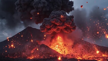 Erupting volcano spewing lava and ash into the sky with dramatic clouds and fiery landscape
