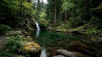 Enchanting hidden forest cascade with lush verdant foliage and serene waterscape destination scenery