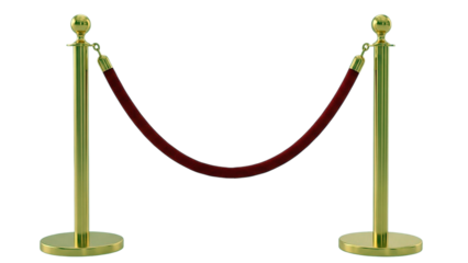 Elegant golden stanchion rope barrier with red velvet rope isolated on transparent background