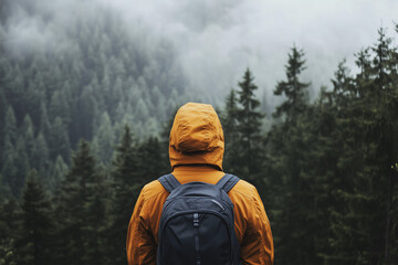 boy in the mountains with raincoat and backpack