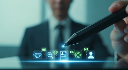 A professional in a suit interacts with a digital display showcasing human resources and technology concepts