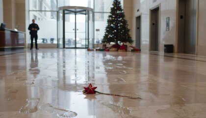 Solemn Lobby with Wet Floor and Fallen Christmas Bow Detail