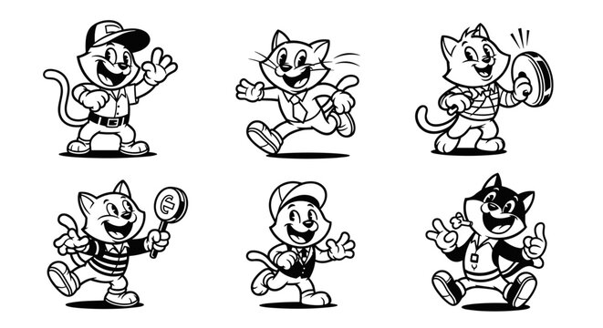 Vintage Cartoon Cat Character Set with Various Poses and Outfits.