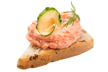canape.made of bread and spreads with caviar and vegetables, decorated with microgrin.Festive snack on white background