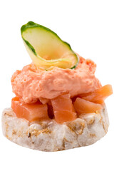 canape.made of bread and spreads with caviar and vegetables, decorated with microgrin.Festive snack on white background