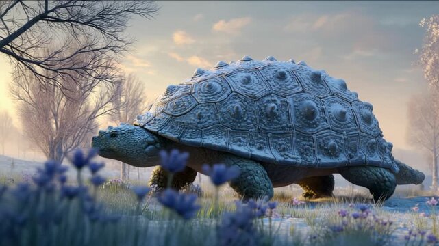 Large armored turtle walking through a misty forest during sunrise with soft lighting and detailed textures