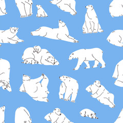 Repeatable pattern of cute polar bears in different poses. Endless blue background with funny north animals: white furry mother with babies relax, sleep, and walk. Flat seamless vector illustration.
