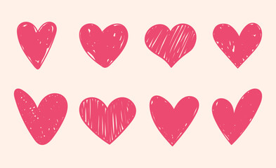 Vector set of hand drawn pink hearts for valentine day, wedding invitation