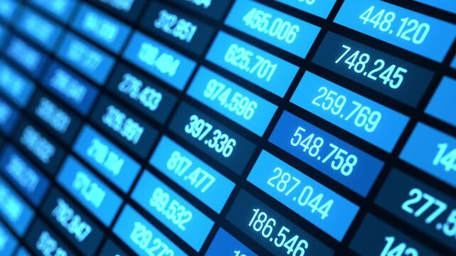 Close up spreadsheet with financial figures, business data, rates, blue colored.  Information, revenue, sales data, stock market research, financial report, strategy and planning. 3D animation