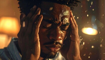 Close-up Of Man In Pain Grimacing With Eyes Closed And Hands On Temples Sweating Heavily Under Dramatic Lighting With Water Droplets Falling In Foreground