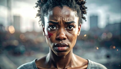 Close up portrait of a Black woman's face showing pain and shock with a wound on her cheek and sweat glistening on her skin against a blurred urban background during daylight