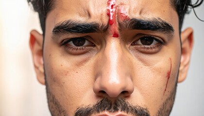 Close Up Portrait of a Man Grimacing in Pain with Blood on His Forehead and Face Showing Shock and Injury Detail