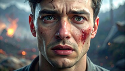 Close Up Portrait Of A Man Grimacing In Pain With A Bloody Wound On His Cheek And Wide Shocked Eyes Sweat And Tears Visible With Blurred Fiery Background Dramatic Lighting Expressing Trauma And