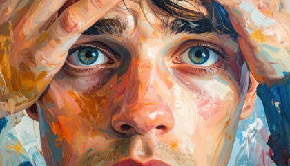 Close up Portrait Of A Man In Pain With Wide Eyes Showing Shock And A Visible Wound Detailed Illustration Vibrant Colors Textured Brushstrokes Expressing Distress And Emotion