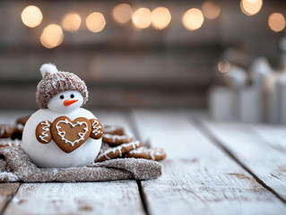Snowman with wool hat holding heart shaped gingerbread cookie on rustic wooden table with christmas lights in background