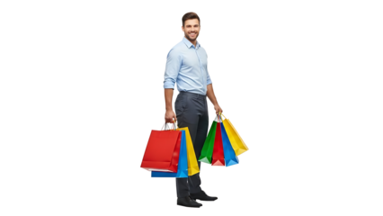 Happy shopper with colorful shopping bags. A well-dressed man is holding many shopping bags, he looks happy and excited.