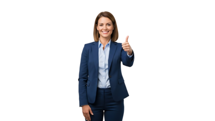 A smiling woman in a professional attire gives a thumbs-up gesture, showing her approval