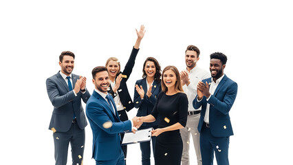 Successful Collaboration and Agreement. Group of people shaking hands after concluding a business deal. The air is filled with confetti, and everyone appears happy.
