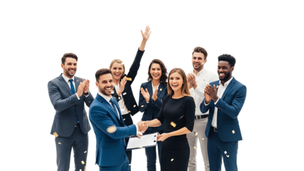 Successful Collaboration and Agreement. Group of people shaking hands after concluding a business deal. The air is filled with confetti, and everyone appears happy.