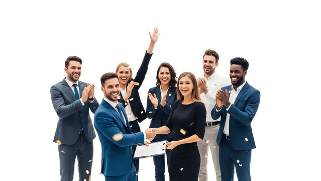 Successful Collaboration and Agreement. Group of people shaking hands after concluding a business deal. The air is filled with confetti, and everyone appears happy. - Powered by Adobe
