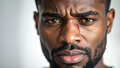 Close Up Portrait of a Sweaty Black Man Grimacing in Pain with a Small Wound on His Face and Intense Eyes Facing Forward Showing Exasperation and Discomfort Against a White Background with Dramatic