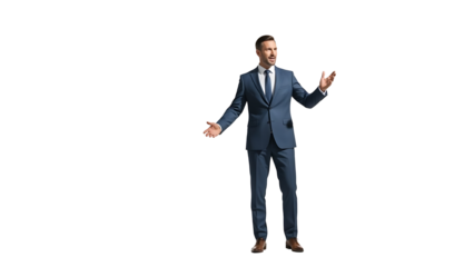 Elegant business man in stylish blue suit gesturing with both hands, appears confident and charismatic.