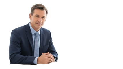 A professional man, dressed in a suit, with hands clasped, giving a confident look. 