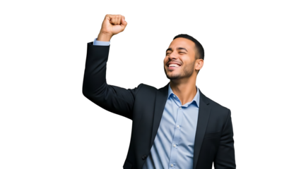 Businessman exults with a clenched fist, celebrating a success