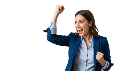 An enthusiastic businesswoman celebrating her success with her fist raised in the air