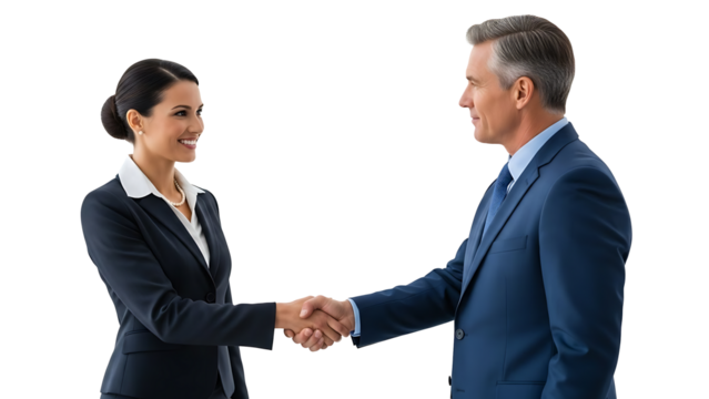 Two professionals in business attire shaking hands, exuding trust and partnership - Powered by Adobe