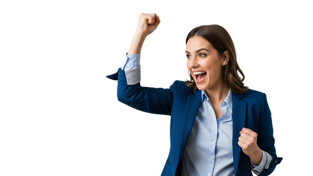 An enthusiastic businesswoman celebrating her success with her fist raised in the air - Powered by Adobe