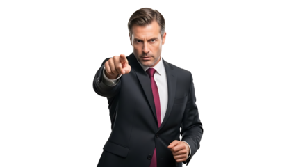 A businessman pointing at the camera, conveying a sense of directness and authority