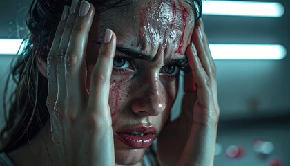 Close up portrait of a woman in distress hands on temples forehead bleeding from wound eyes wide with shock and pain indoor lighting dramatic atmosphere