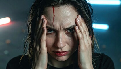 Close Up Portrait Of A Woman In Pain With A Bleeding Head Wound And Shocked Expression Her Hands Are On Her Temples With Dramatic Lighting And A Dark Moody Background