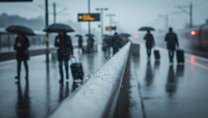 Commuters with Umbrellas Wait on Rainy Train Platform