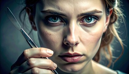 Close up portrait of a woman's face showing intense pain and shock with wide blue eyes and a visible wound holding a surgical scalpel with a dramatic lighting effect and a dark textured background