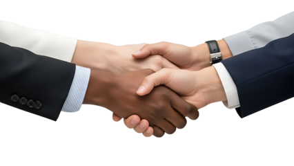 Close-up of three hands engaged in a handshake, symbolizing agreement and partnership