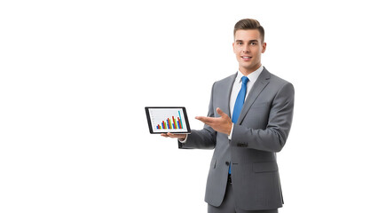 A businessman is presenting growth chart on tablet