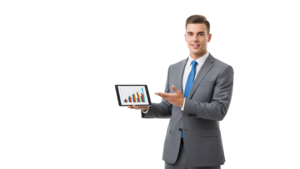 A businessman is presenting growth chart on tablet